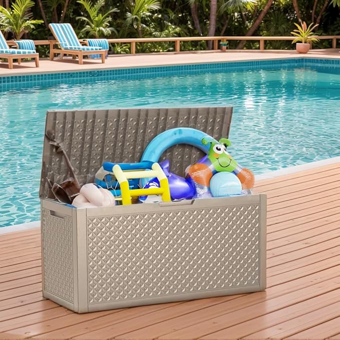 New 100 Gallon Outdoor Storage Box, Resin Deck Boxes Waterproof, Indoor Outdoor Bin for Package Delivery, Patio Cushions, Gardening Tools, Lockable, UV Resistant