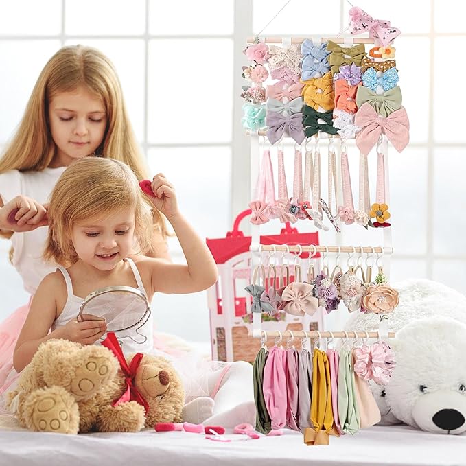 Hair Bow Organizer – Headband Storage Rack, Necklace Display Holder | 30 Hook Hanging Solution, Wall Mounted Accessory Organizer For Bedroom Kids Closet Playroom Nursery Decor