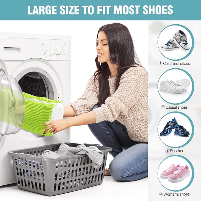 Shoe Washing Machine Bag, Shoe Laundry Bag for Washer and Dryer, Include Dry Net Bag, Reusable and Durable Zipper with Hook Design, Shoe Washing Bag for Sneaker (Green, 2 Pack)