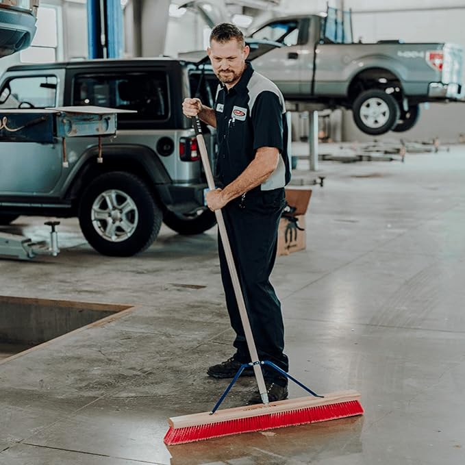 1-Pack - 24" Red Everyday Sweep Indoor/Outdoor Push Broom with 60" Handle. Ideal for Garages & Shops. Durable American Made Steel Brackets-All Stainless Steel Hardware. No Plastic. 100% USA Made