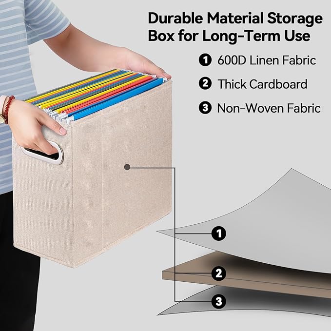 2 Packs Letter Size File Organizer, File Folders Organizer, Fabric Storage Box, Collapsible Paper Organizer with Metal Handle, Smooth PVC Rails, Only Box (Beige)