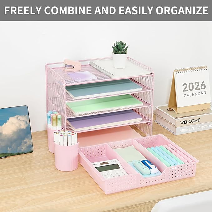 Desk Organizers and Accessories, 5-Tier Paper Letter Tray Organizer with Drawer & 2 Pen Holders, Desktop Organizer for Office Supplies (Pink)