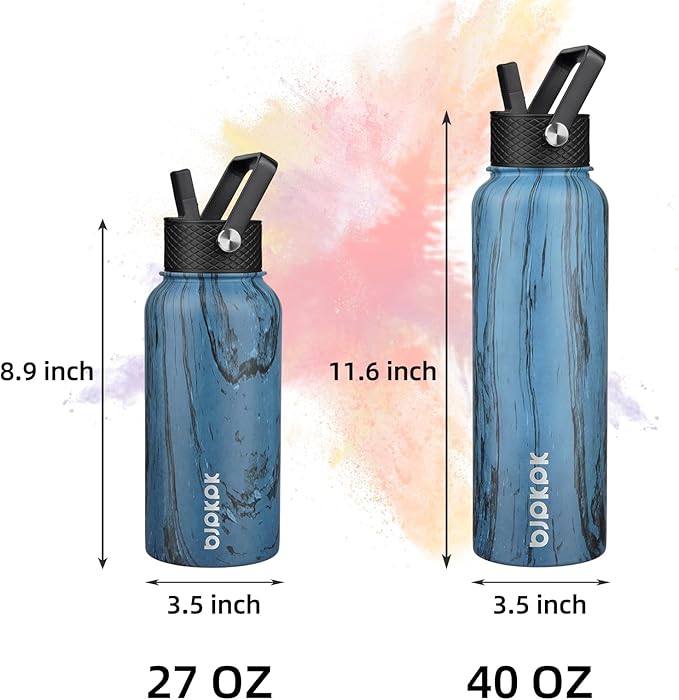 BJPKPK Insulated Water Bottles with Straw Lid, 40oz Stainless Steel Water Bottles with 3 Lids, BPA Free Leakproof Thermo, Tumblers, Cups for Sports- Wood Prussian Blue