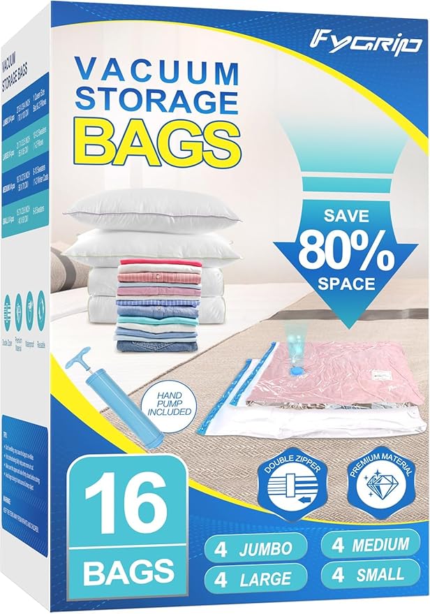 16 Combo Vacuum Storage Bags with Hand Pump, 4 Jumbo + 4 Large + 4 Medium + 4 Small Plastic Packaging Bags, 80% Space Saver Vacuum Seal Bags for Clothing, Travel Lugggage, Blankets, Comforters