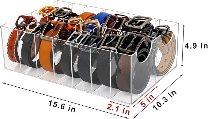 Acrylic Belt Organizer - 14 Compartment Clear Display Case for Closet and Drawer