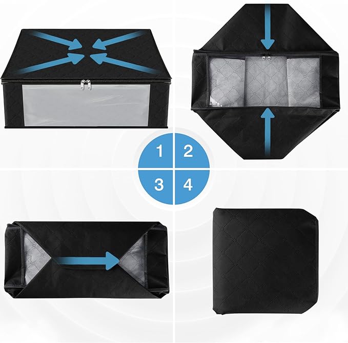 HomeHacks Storage 4-Pack Clothes Organizer Storage Bags Foldable Storage Box with Large Clear Window Sturdy Handles for Closet, Dorm, Pillows, Bedding, Clothes, Blankets, 35L, Black