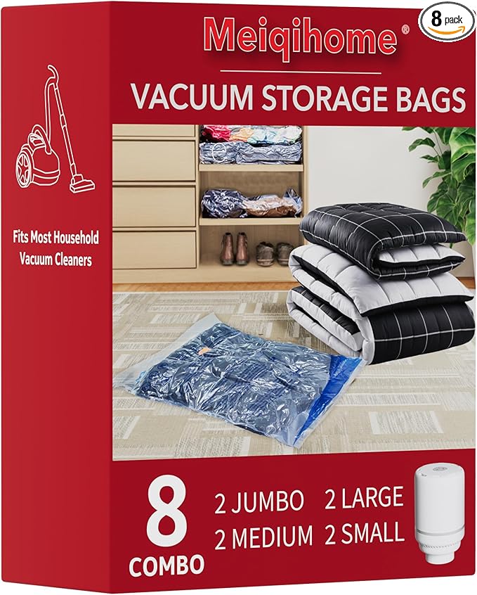 MEIQIHOME Vacuum Storage Bags, Space Saver Sealer Bags,Vacuum seal bags for clothing, Pillows, Comforters, Blankets, Bedding,8 Pack Vacuum Storage Bags with Electric Pump
