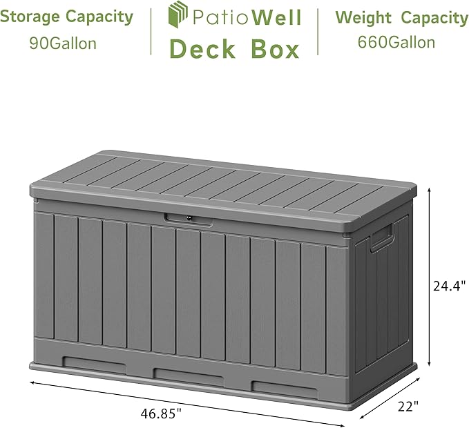 Patiowell 90 Gallon Resin Deck Box, Waterproof Large Outdoor Storage Box for Patio Furniture and Garden Tools (Grey)