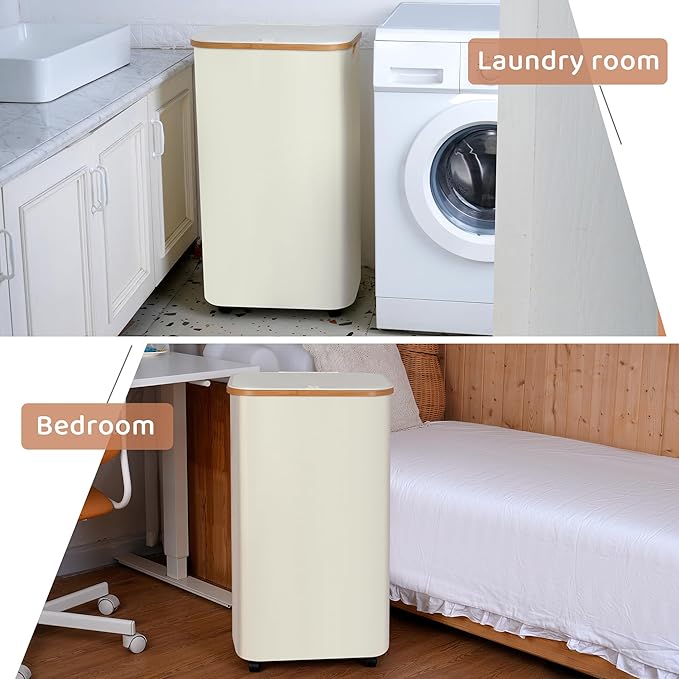 Laundry Basket with Wheels, 110L Clothes Hamper for Laundry, Laundry Hamper with Bamboo Lid and Inner Bag, for Laundry Room, Bedroom, Dormitory Storage,Pink