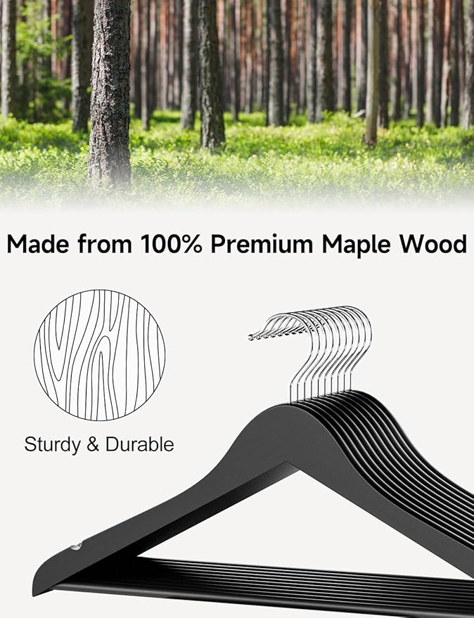 StorageWorks Black Wooden Hangers 30 Pack, Heavy Duty Wood Hangers for Closet, Clothes Hangers for Coats, Shirts, Pants, Suits