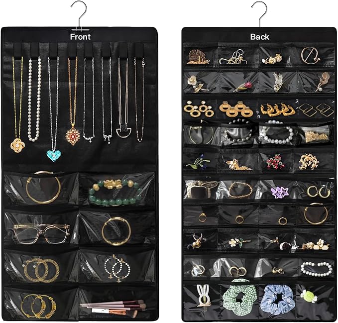 Hanging Jewelry Organizer for Closet, Double-Sided 48 Pockets & 8 Necklaces Holder Jewelry Hanging Organizer to Store Earrings, Necklaces, Bracelets, Rings
