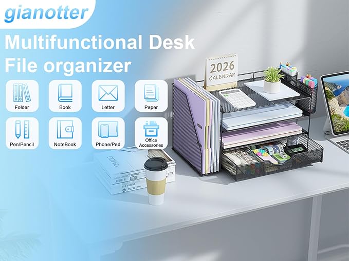 gianotter Desk Organizers and Accessories with File Holder, 4-Tier Desk Accessories & Workspace Organizers with Drawer and 2 Pen Holder, Paper Organizer for Office Supplies (Black)