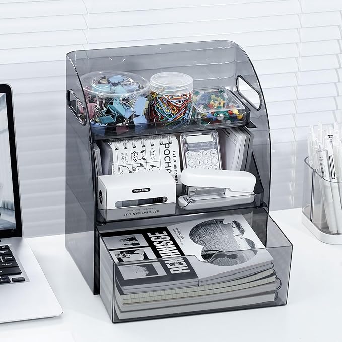 FABROK 3-Layer Desk Organizer with Drawer, Clear Office Supplies and Desk Accessories Organizer with Handle, Desktop Organizer and Storage for Stationery（Gray）
