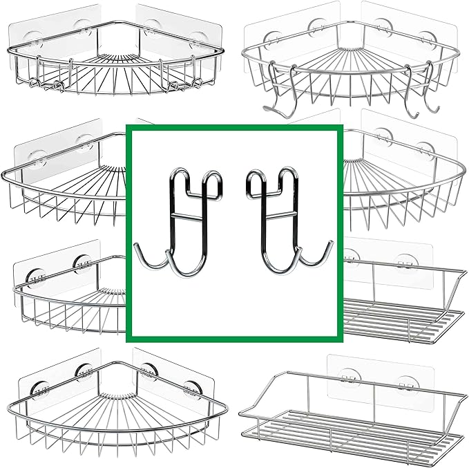 Shower Caddy with Hooks - 4 Pack Silver Razor Hanger and Loofah Holder