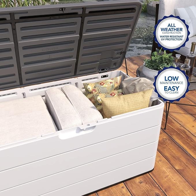 Outdoor Storage Deck Box Waterproof, 100 Gal Pro Large Lockable Patio Storage Bin Chest, Resin Outside Container Seat Bench for Furniture Cushions, Pool Accessories, Garden Tools & Delivery, White
