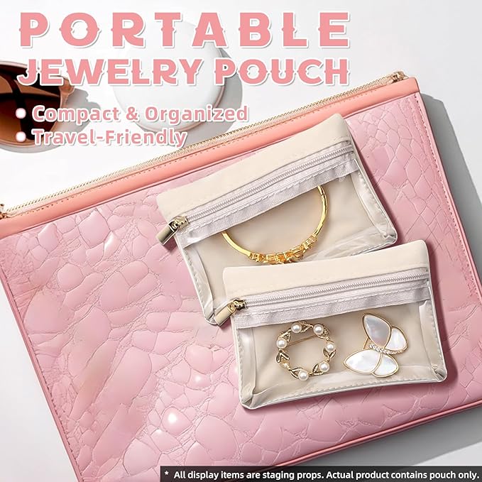 Jewelry Organizer Storage Pouches, Travel Jewelry Organizer Velvet Jewelry Pouch with Zipper Clear Travel Jewelry Bag for Travel Business Trip Mother‘s Day Gift for Mom Wife Women (Beige-6Pcs)