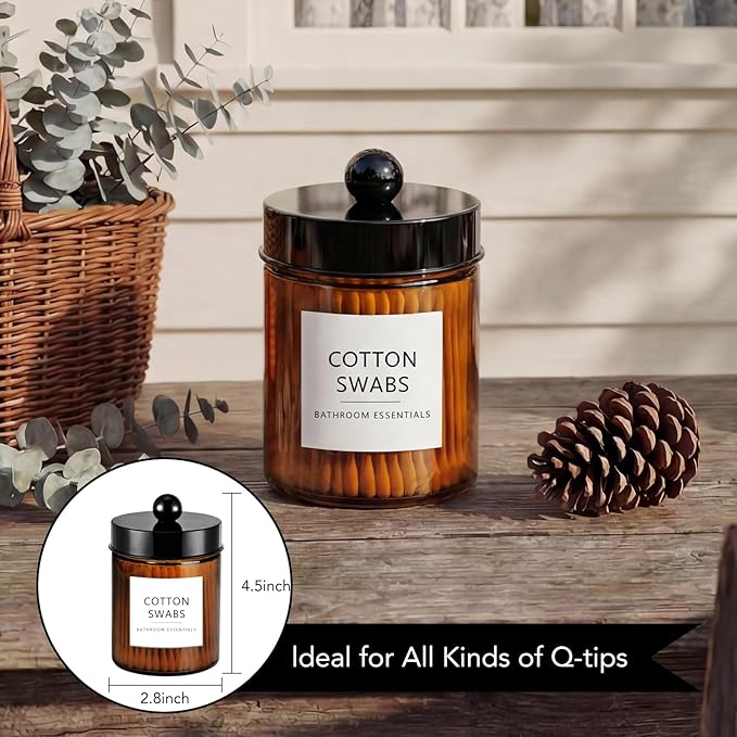 Amolliar Amber Glass Qtip Holder, Apothecary Jars with Black Plastic Lid & Stickers-Bathroom Qtip Dispenser Storage Organizer Set, Vanity Counter Cantainer for Cotton Swabs,Round Floss (2 Pack)
