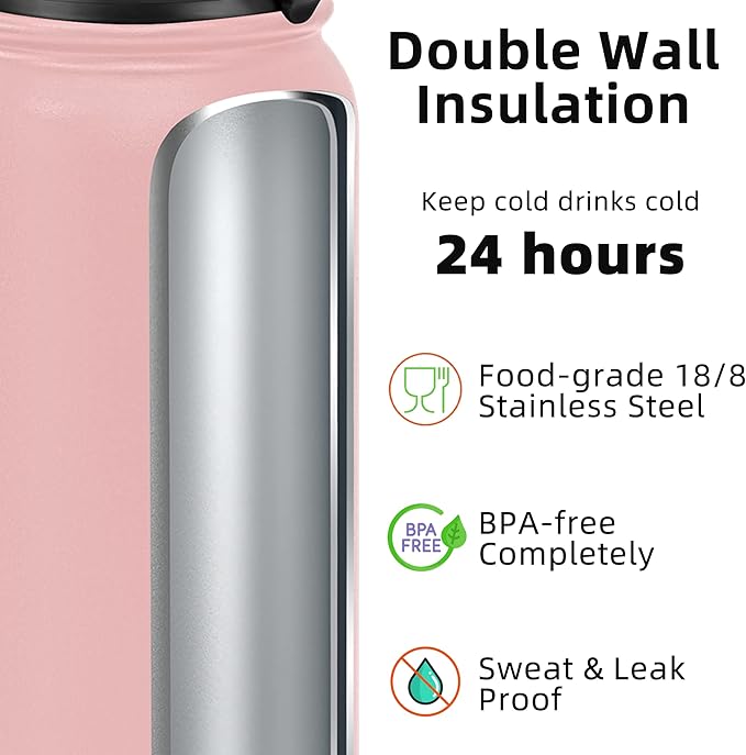Fanhaw 20 oz Insulated Stainless Steel Water Bottle with Anti-Dust Chug Lid, Leakproof Vacuum Metal Bottle for Kids, Women & Men (Pink)