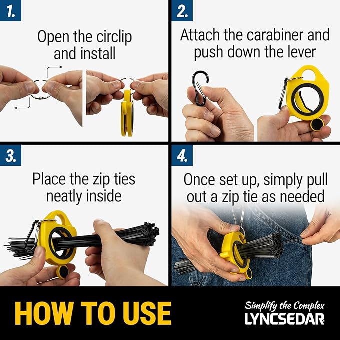 4Pack Zip Tie Holder for Tool Belt, Yellow Zip Tie Organizer, Dual Color Carabiner Clip and Circlip, Tradie Bits Cable Tie Holder to Help Electrician with Storage of Ziptie or Ties Holders