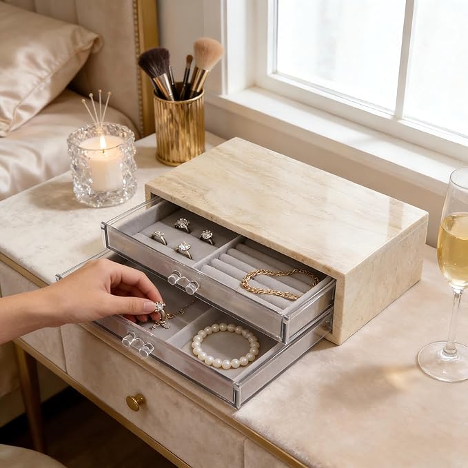 Natural Travertine Jewelry Box with 2 or 3 Drawer Organizers, Velvet Lined Storage for Rings and Necklaces (Large-2)
