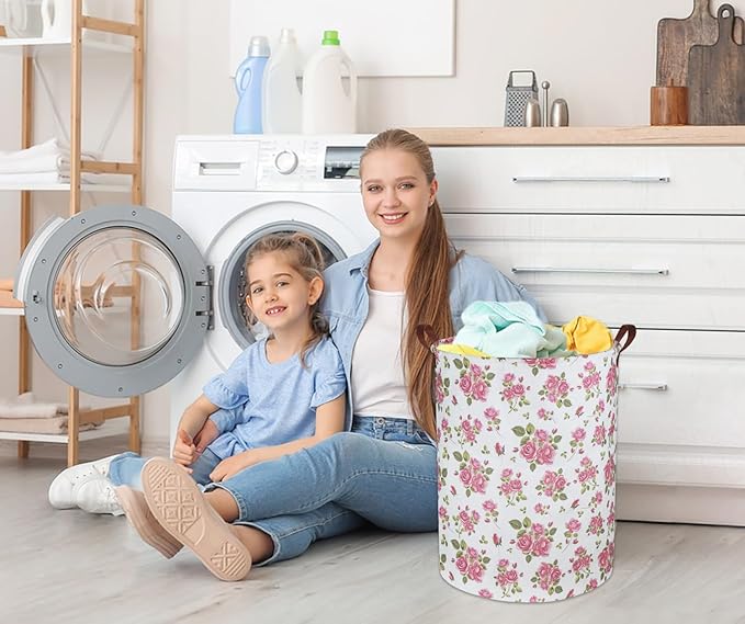 HIYAGON Roses Pink Laundry Basket Baby Girls Laundry Hamper Kids Toy Storage Bins Organizer Gift Basket Pink Rose Bedroom Decor Bathroom(Pink Rose)