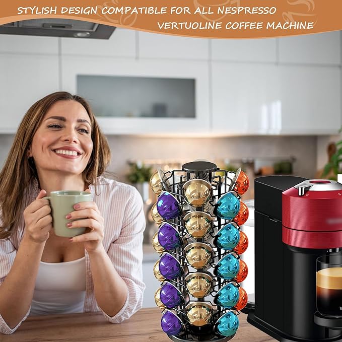 Coffee Pods Holder Organizer, 360 Degrees Revolving Pod Carousel Compatible for 40 Nespresso Vertuo Pods No Assembly Required Nespresso Pods Holder Tower Stand,Piano Black