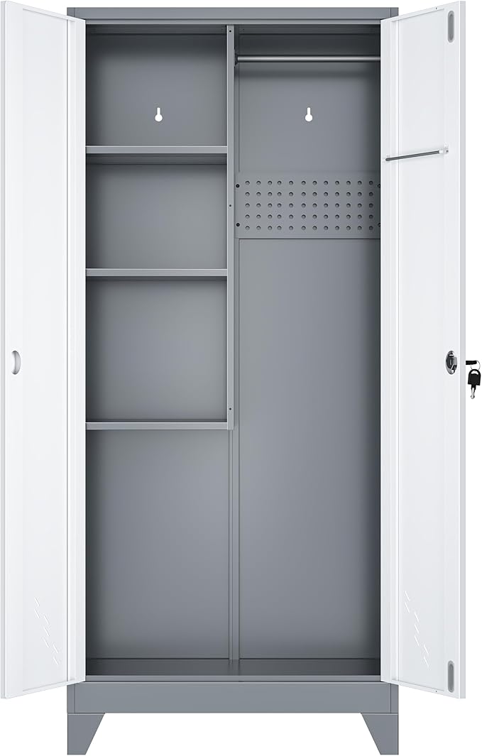 61" Broom Closet Storage Cabinet, Metal Storage Cabinet with Doors, Utility Cabinets for Brooms and Mops, Cleaning Tool Cabinets for Garage, Laundry Room, Bathroom (White)