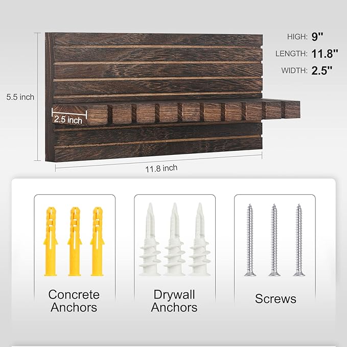 Belt Organizer for Closet, Belt Hanger Wall Mounts to Hold 9 Belts Without Slipping, Space Saving Belt Rack for Closet Organization Includes Mounting Hardware (11.8” x 5.5” x 2.5”) (Brown)