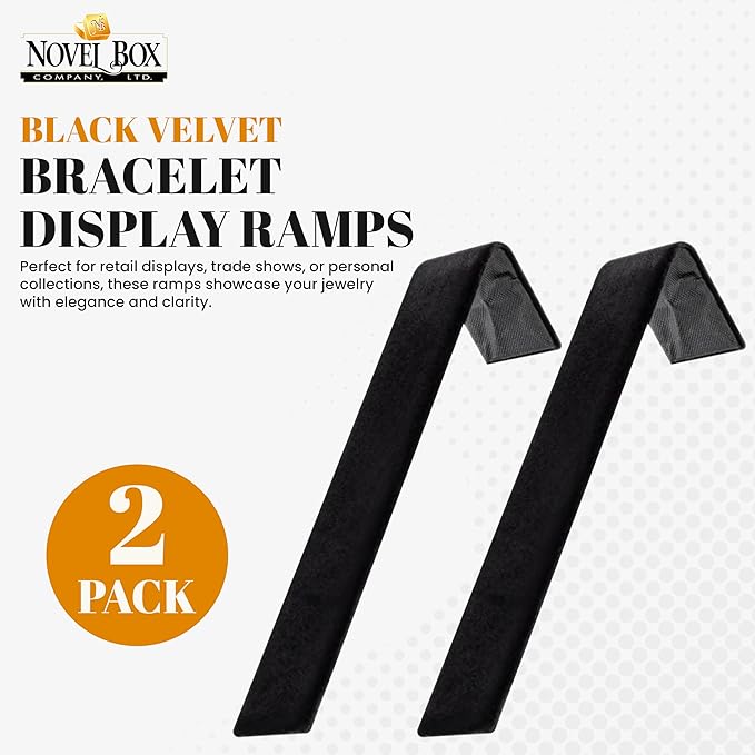 Novel Box 2 Pack Black Velvet Bracelet Display Ramps 1 1/2 W x 8 L x 2 1/8 H Inches - Jewelry Stand Bracelets Organizer for Women - Elegant Bracelet/Watch Ramps for Craft Shows, Selling & Personal Use
