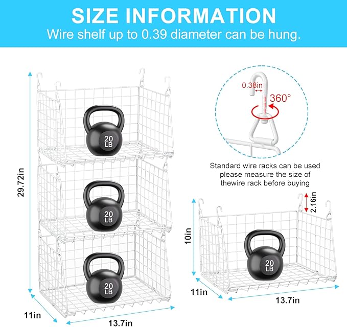 3-Tier Hanging Laundry Basket Organizer：Foldable Wire Shelf Laundry Room Organizer with 360°Rotating Hooks Small Space Solutions Closet Hanging Organizer - Laundry Organization, White Patent