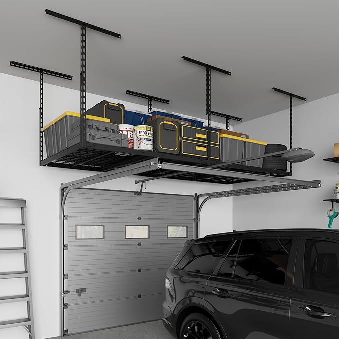 3X8FT Overhead Garage Storage Rack, 26"-40" Height Adjustable Garage Ceiling Storage Racks, Heavy Duty Metal Overhead Storage Organizer System, 750LBS Weight Capacity