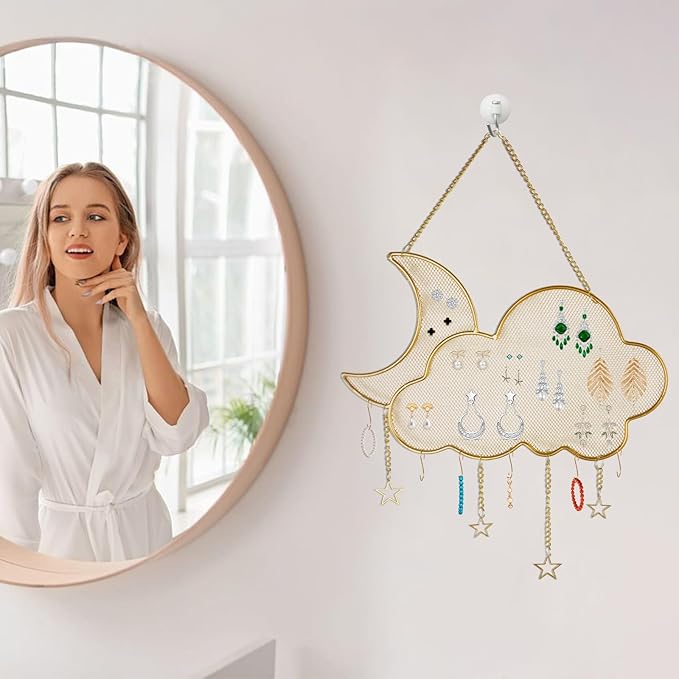 Earring Holder Organizer Hanging Jewelry Organizer Wall Mounted, Metal Stud Earring Display Stand with 6 Hooks, Jewelry Storage Rack for Earrings Necklace Bracelet (Gold)