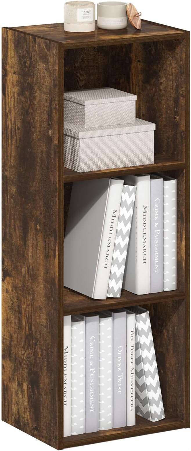 Furinno LUDER Book Shelf, 3-Cube Bookshelf, Bookcase with Open Shelves, 9.3 x 12 x 31.5, for Living Room, Bedroom, Home Office, Amber Pine