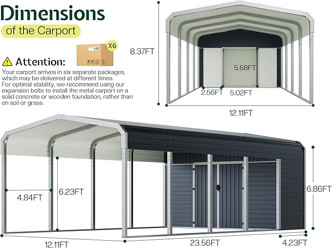 Jocisland 12x24 FT 2-in-1 Carport & Storage Shed, Heavy Duty Carport with Galvanized Steel Roof, 12x4.2 FT Metal Shed with 2 Transparent Panels & Double Doors, Car Canopy for Cars, Boats, Trucks