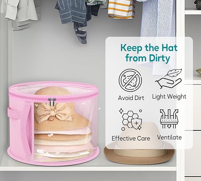 AOODA Oversized Clear Hat Storage Bag for Women, Holds up to 7 Caps Cowboy Hat Organizer for Closet, Wide Brims Hat Case with Carrying Handles (Pink)