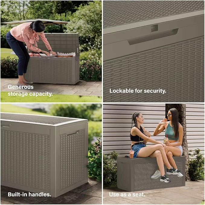 Outdoor Storage Box, 100 Gallon Resin Deck Box Waterproof for Patio Furniture, Garden Tools and Pool Accessories, Lockable UV-Resistant Storage Bin Bench Cabinet for Outside, Grey