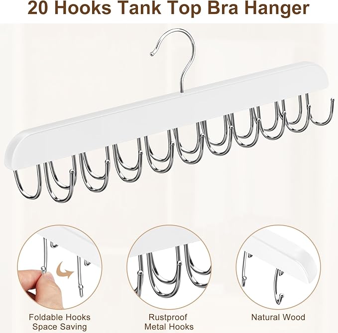 Bra Hanger for Closet, Tank Top Hanger 20 Hooks Capacity Foldable Wood Space Saving Hangers Closet Organizers and Storage for Dorm & Apartment for Tank Top, Bra, Scarf