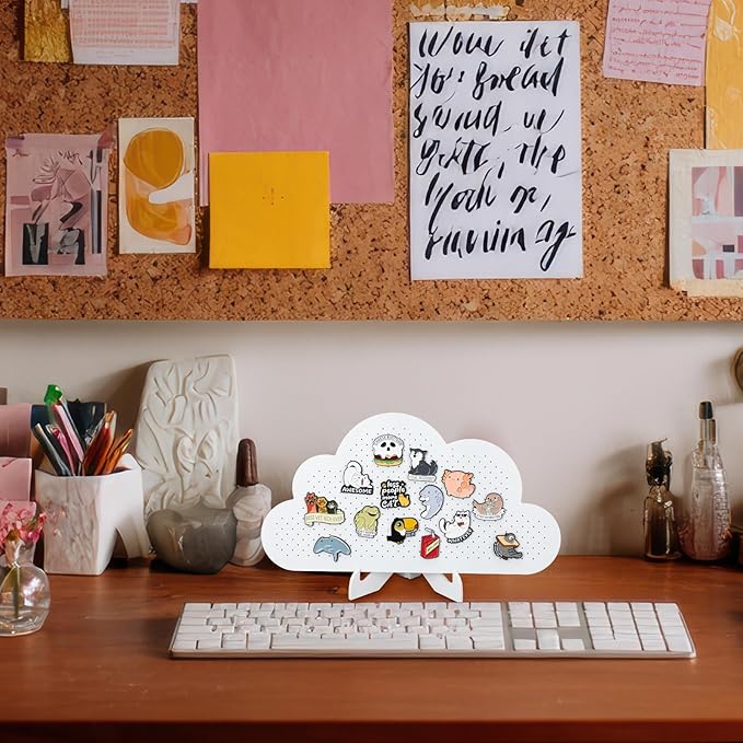 Novabright Cloud Pin Display Board 11"x 6" White Wooden Enamel Pin Pegboard with Stand Brooch Earrings Tabletop Pins Storage Board Holder Organizer Display Storage Gift for Office Deck Wall Home