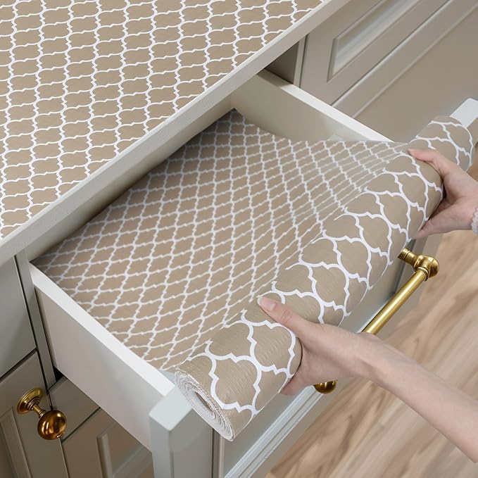 Shelf and Drawer Liner for Kitchen Cabinets Non-Adhesive, Strong Grip Non-Slip Thickened Cabinet Liners for Shelves, Waterproof Mats for Dresser Cupboard, Beige, 17 in x 10 Feet