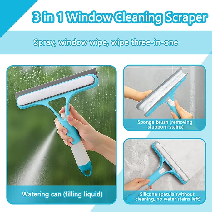 XANGNIER Window Cleaner Tool Kit,2025 3 in 1 Window Cleaning Scraper with Spray,Thickened Magic Cleaning Cloth,Window Scrubber Cleaning Squeegee for Glass,Mirror,Shower Doors,Car Windshields(Blue)