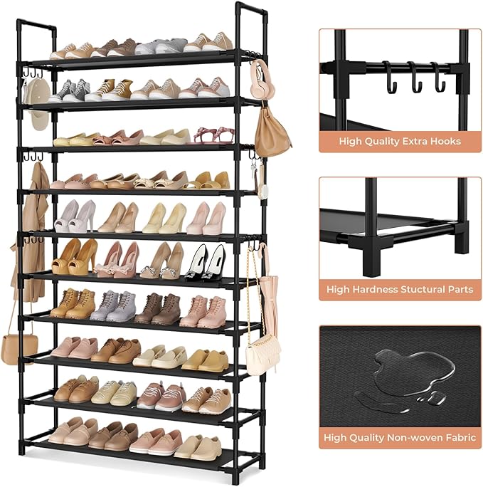 Tall Shoe Rack 10 Tier Shoe Organizer Large Shoe Shelf with 18 Hooks Storage for 50 Pair, Stackable Vertical Shoe Rack Organizer for Closet, Entryway, Bedroom