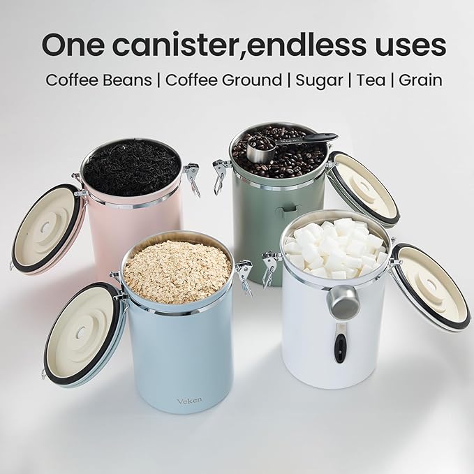 Veken Coffee Canister, 39OZ Large, Airtight Stainless Steel Food Storage Container for 2.2lbs Coffee Beans, Ground, Sugar, Tea, Flour, Cereal, Kitchen Bar Accessories with Date Tracker & Scoop, White