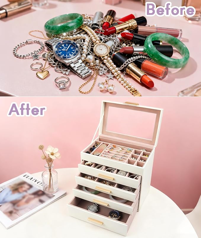 5 Layer Jewelry Box for Women, Glass Lid Jewelry Organizer with 5 Drawers for Necklaces Rings Earrings Bracelets - White (Pearl White)