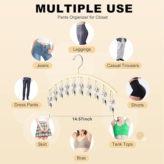 Legging Organizer for Closet, Metal Yoga Pants Hangers 2 Pack w/10 Clips Holds 20 Leggings, Space Saving Hanging Closet Organizer w/Rubber Coated Closet Organizers and Storage, Ivory
