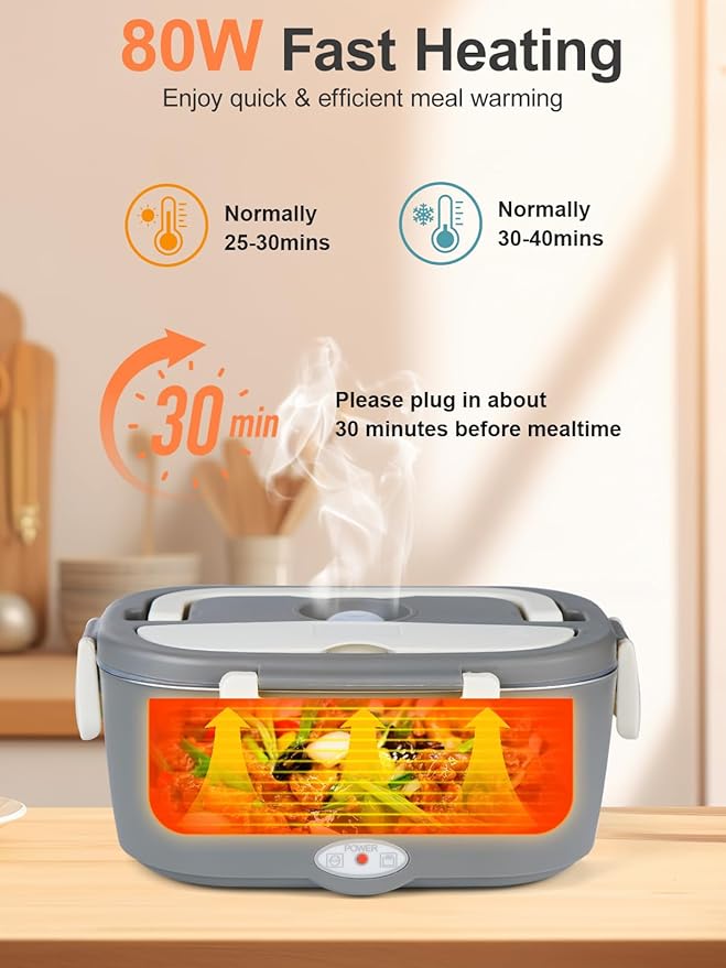 Electric-Lunch-Box-Heated-Food Warmer, 80W Heating Lunchbox for Adults, 2 Pack 1.5L Stainless Steel Containers, 12/24/110V Portable Warmer for Work/Car Lonchera Eléctrica Portátil (Beige)