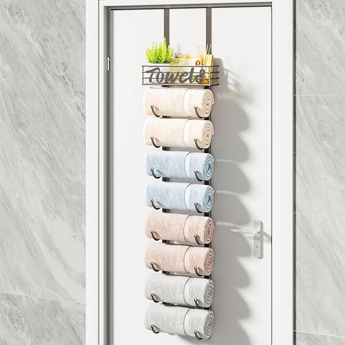 HapiRm Towel Racks for Bathroom Storage - 9 Tier Over The Door & Wall Mount Rolled Towel Storage Organizer Holder with Metal Shelf Basket for Small Bathroom, Camper, Rv - Patented