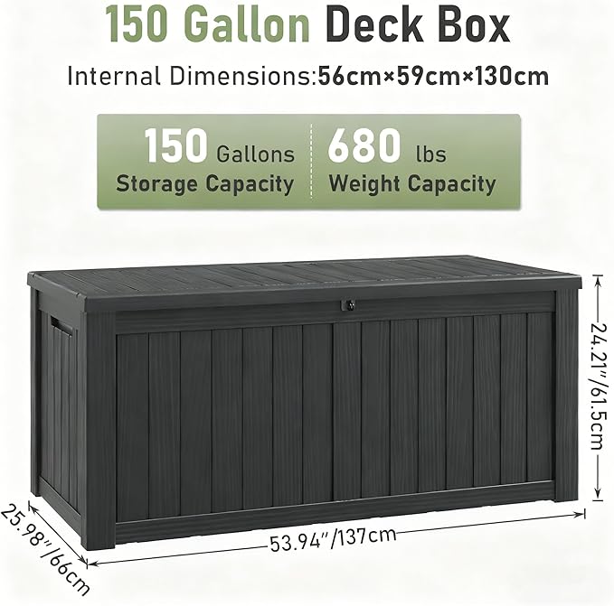 Oudoor Storage Deck Boxes Waterproof, Waterproof and UV Resistant Outdoor Storage Box Lockable Lid for Delivery Box, Indoor, Garden Tools, Pool Supplies, Patio (Grey, 150 Gallon)