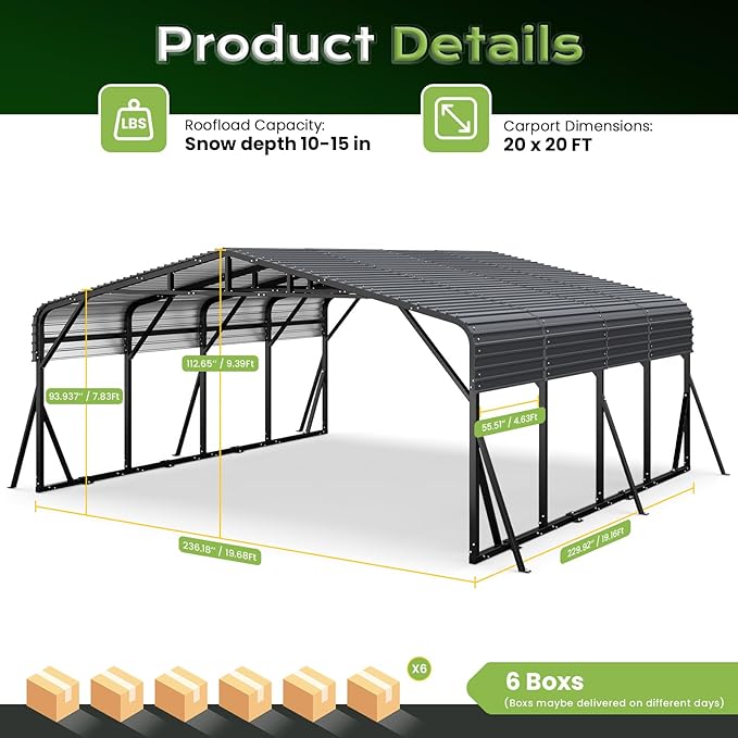 20x20FT Heavy Duty Metal Carport, Outdoor Portable Car Garage w/Reinforced Support Rods & Windproof Ground Anchors, All-Season Versatile Outdoor Shelter for 2 Car, Boats, Truck