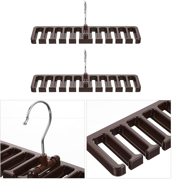 Happyyami 2pcs Multi-Slot Belt and Tie Hanger Rack, Brown Wooden Closet Organizer for Scarf and Belt Storage, Space-Saving Multi-Function Accessory Organizer for Bedroom and Wardrobe