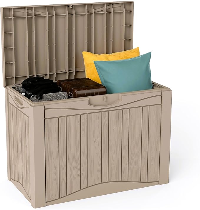 Outdoor Storage Deck Box Waterproof,45 Gallon Lockable Patio Package Delivery Bin as Seat, Resin Storage Container Bench for Furniture Cushions, Pool Accessories, Garden Tools, Grey